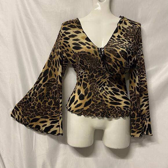 Uno Core Top Blouse V Neck Animal Print Flare Sleeves Vtg Boho 90s Y2K Hippie - Picture 1 of 9